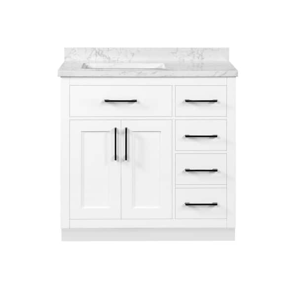 Athea 36 in. Single Sink White Bath Vanity with White Engineered Marble Top with Integrated Power Outlet (Assembled)