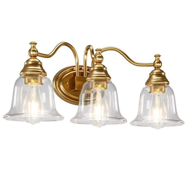 22.85 in. 3-Light Traditional Gold Bath Vanity Light with Flower-Shaped Clear Glass Shades, Up/Down Mounting