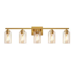 35 in. 5-Antique Brass Vanity Light with Clear Glass Shade