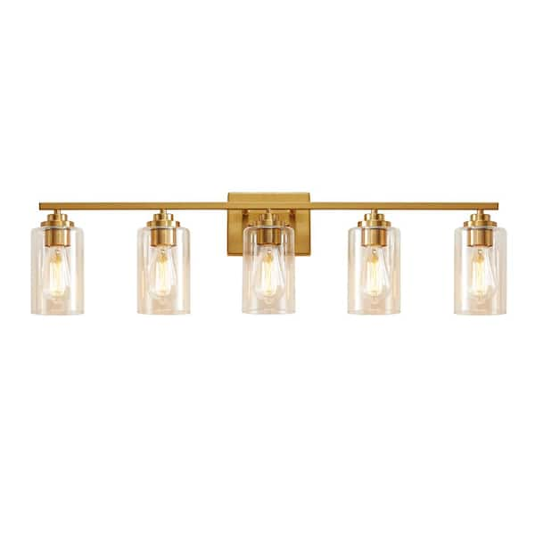 KAWOTI 35 in. 5-Antique Brass Vanity Light with Clear Glass Shade 21316 ...