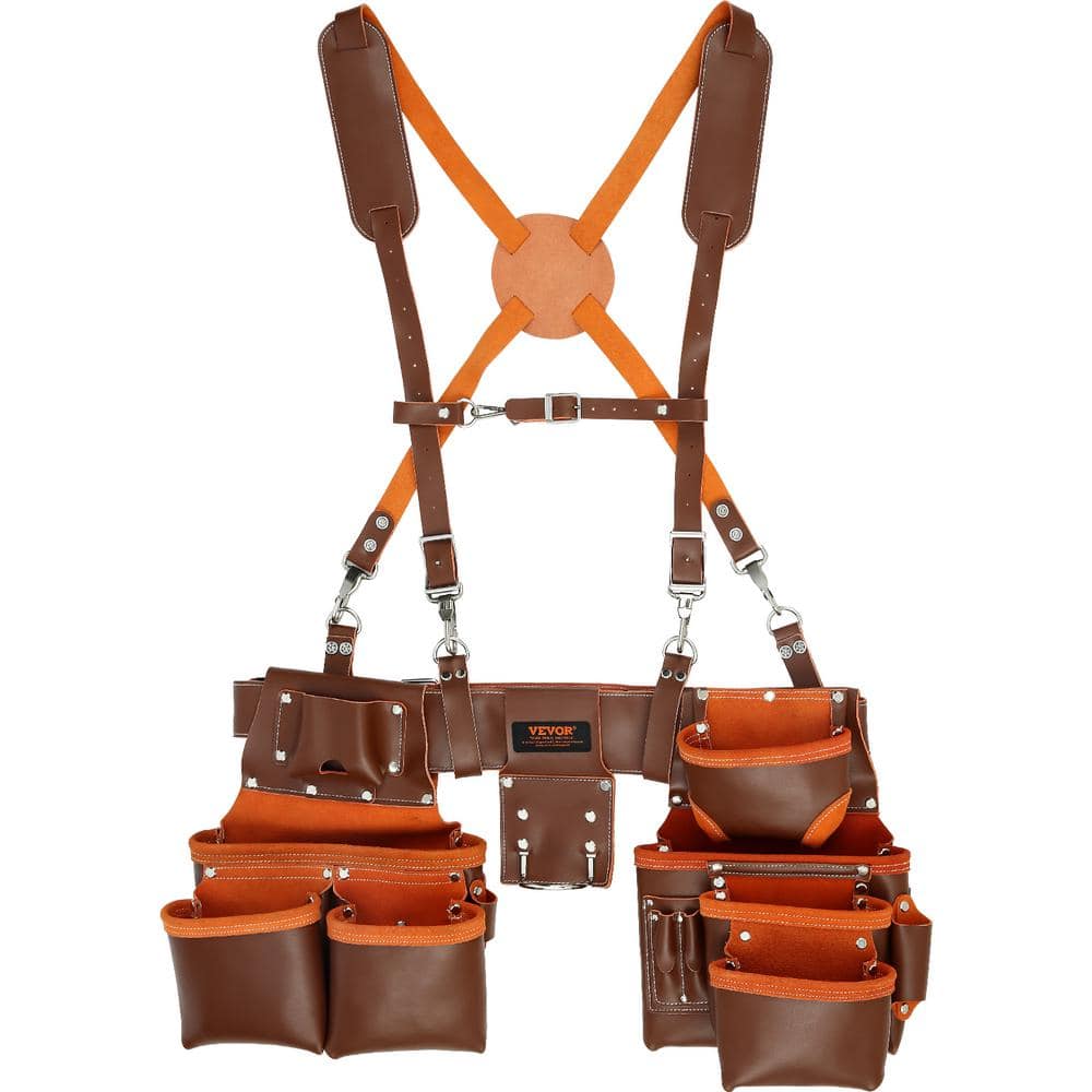 VEVOR Tool Belt with Suspenders 19-Pockets Genuine Leather Heavy-Duty ...