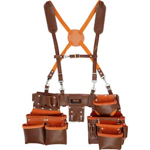 Tool Belt with Suspenders 19-Pockets Genuine Leather Heavy-Duty Tool Pouch with 29-54 in. Adjustable Waist Size, Brown