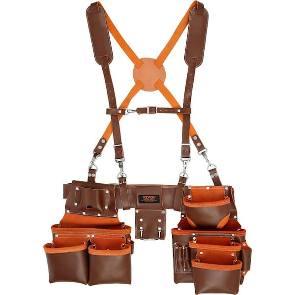 VEVOR Tool Belt with Suspenders 19-Pockets Genuine Leather Heavy-Duty Tool Pouch with 29-54 in. Adjustable Waist Size, Brown