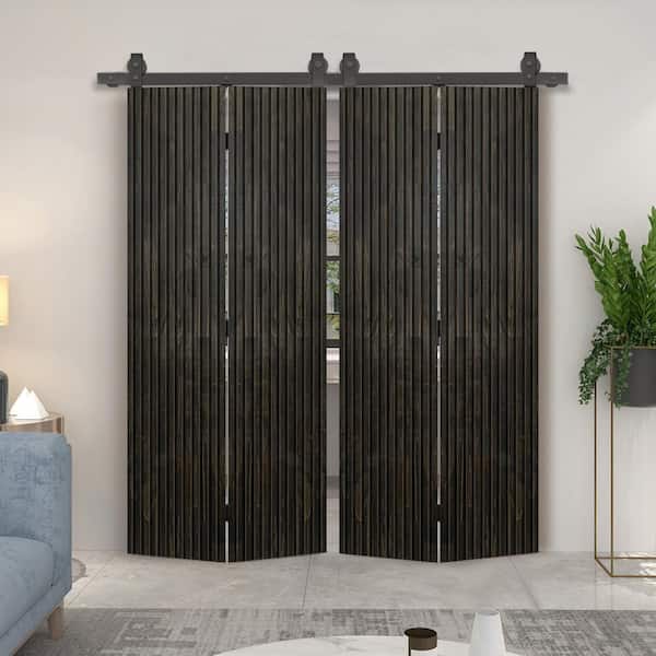 CALHOME Japanese Series 72 in. x 84 in. Hollow Core Charcoal Black Pine Wood Double Bi-Fold Barn Door with Sliding Hardware Kit