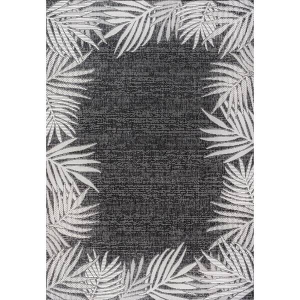 Isla Coastal Cottage Palm Frond Border Dark Gray/Ivory 8 ft. x 10 ft. Indoor/Outdoor Area Rug