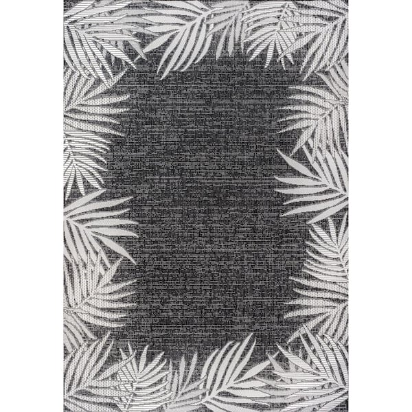 Isla Coastal Cottage Palm Frond Border Dark Gray/Ivory 8 ft. x 10 ft. Indoor/Outdoor Area Rug