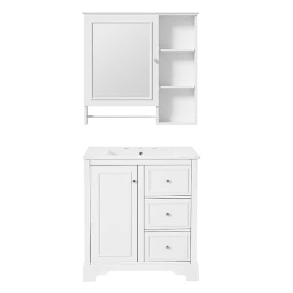 Tenleaf 30 in. W. Single Sink Freestanding Bath Vanity in White with White Ceramic Top and Mirror