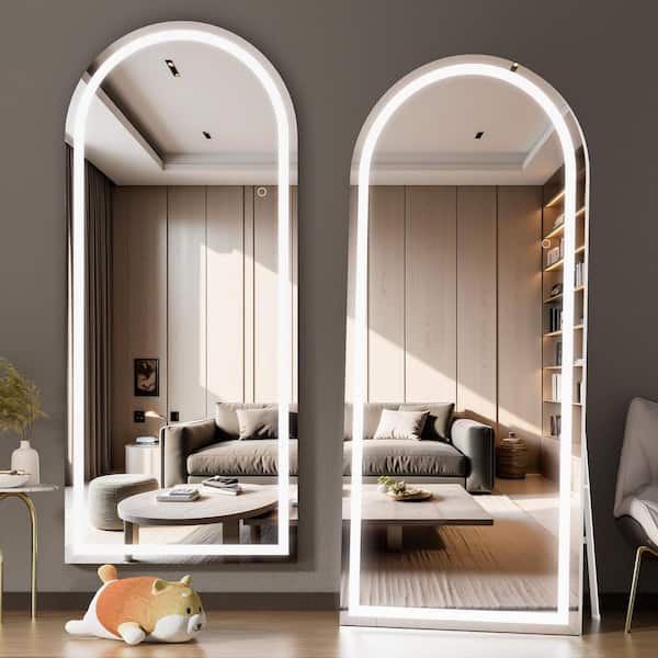 Vosuja 33 in. W x 81 in. H White Frame Arch LED Full-Length Mirror, Adjustable Brightness and Colors, Tempered Glass