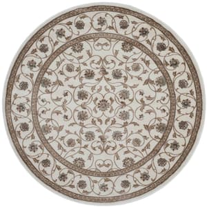 Pisa Bone 5 ft. Round Traditional Oriental Floral Scroll Area Rug