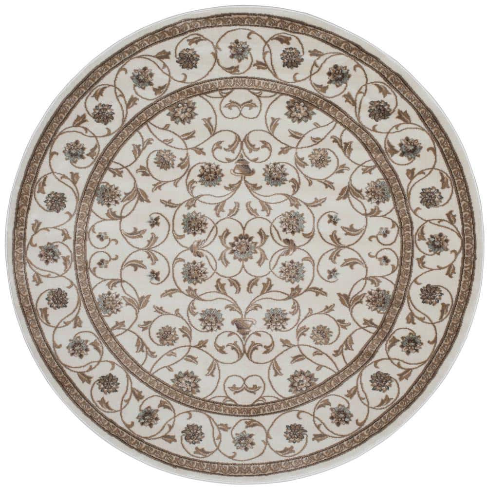 Pisa Bone 8 ft. Round Traditional Oriental Floral Scroll Area Rug