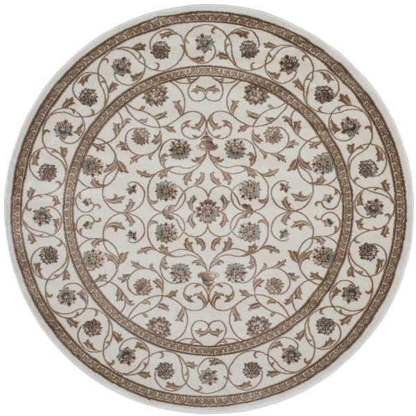 Pisa Bone 8 ft. Round Traditional Oriental Floral Scroll Area Rug
