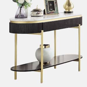 48 in. Black Plus Dark Walnut Oval Faux Marble Top Console Table