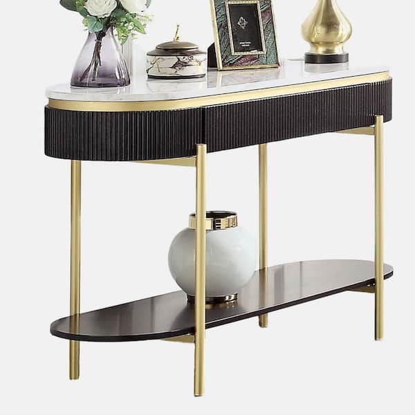wetiny 48 in. Black Plus Dark Walnut Oval Faux Marble Top Console Table