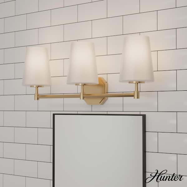 Hunter Nolita 24.5 in. 3-Light Alturas Gold Vanity Light with Cased White Glass Shades