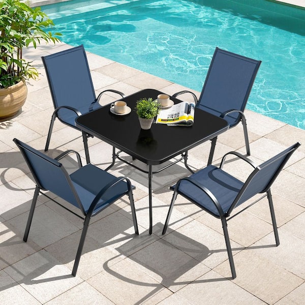 Black 5-Piece Metal and Textilene Square Outdoor Dining Set with Stackable Chairs and Umbrella Hole
