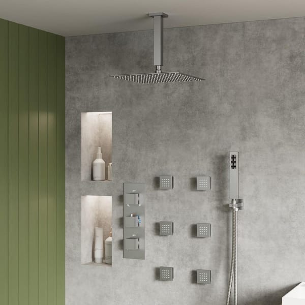 Rainspire 5-Spray 12 in. Ceiling Mount Square High Pressure Shower System with 6-Jets in Brushed Nickel (Valve Included)