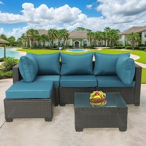 5-Piece Wicker Outdoor Patio Conversation Seating Sofa Set with Peacock Blue Cushions