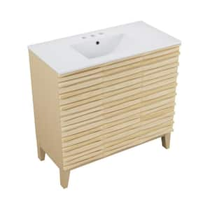 Cascade 36 in. Natural oak Bathroom Vanity in White with 3-Hole Ceramic Sink Top