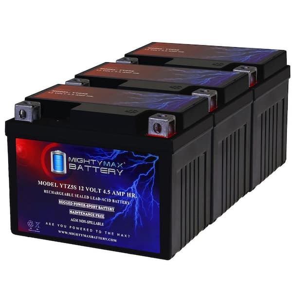 YTZ5S-12-Volt 4.5 AH, 65 CCA, Rechargeable Maintenance Free SLA AGM Motorcycle Battery-Pack of 3