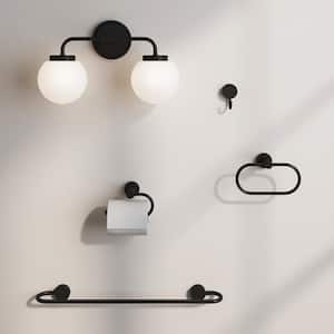 Izzy Modern 18 in. 2-Light Vanity Light Fixture, Black with White Globe Shades and Bathroom 4-Piece Accessory Set
