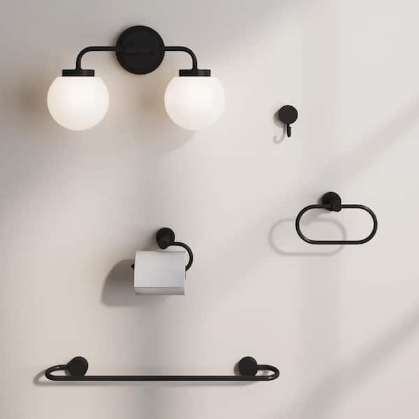 Nathan James Izzy Modern 18 in. 2-Light Vanity Light Fixture, Black with White Globe Shades and Bathroom 4-Piece Accessory Set