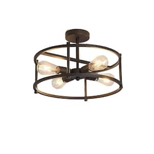 17 in. 4-Light Black Industria Caged Drum Ceiling Semi-Flush Mount Light for Kitchen Island Dining Room