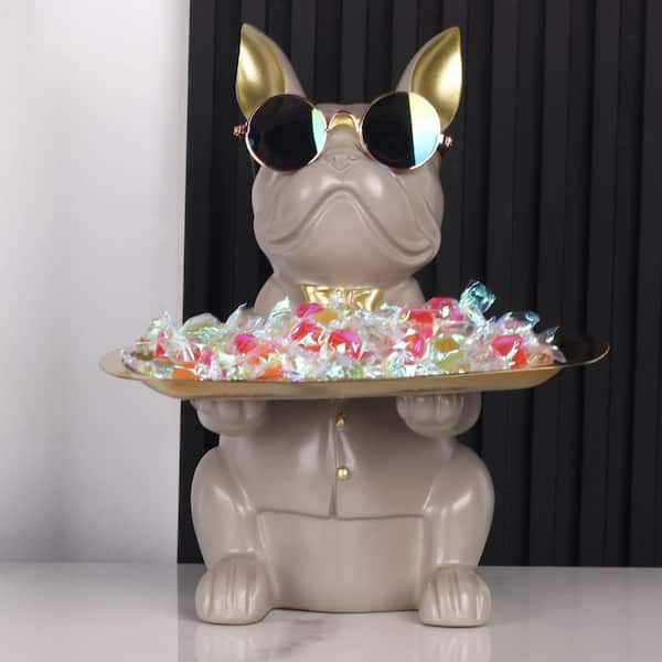 Angel Sar Gray Modern Decor Resin Bulldog Tray Statue, Piggy Bank
