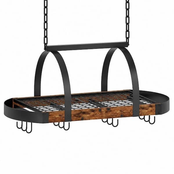 Rustic Brown and Black Hanging Pot Rack with 12 S-Shaped Hooks, Ceiling Mounted Pot Holder, Cookware Organizer