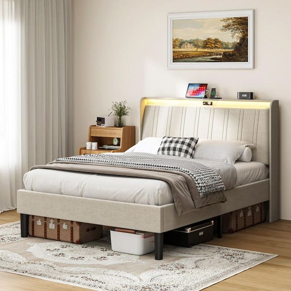 Beige Metal Frame Full Size Platform Bed with Upholstered Headboard and Wood Slats