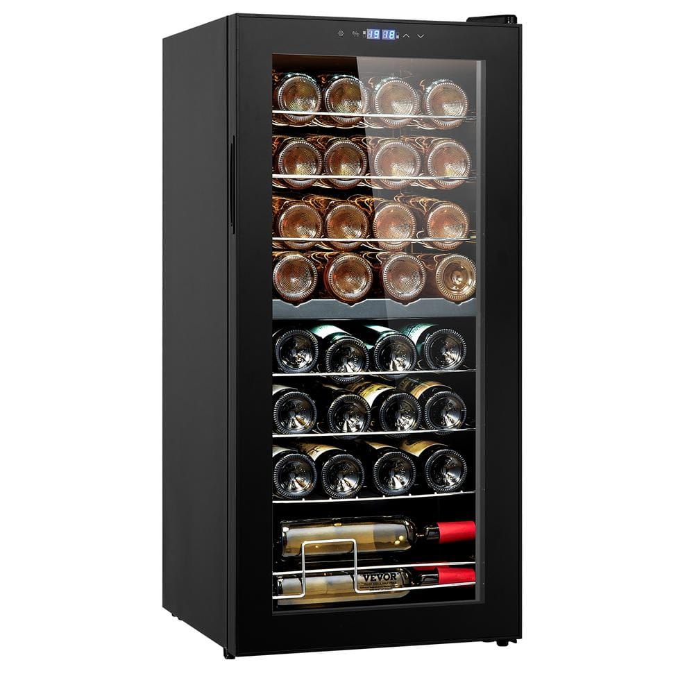 32-Bottle Black Dual Zone Freestanding Wine Cooler with Glass Door