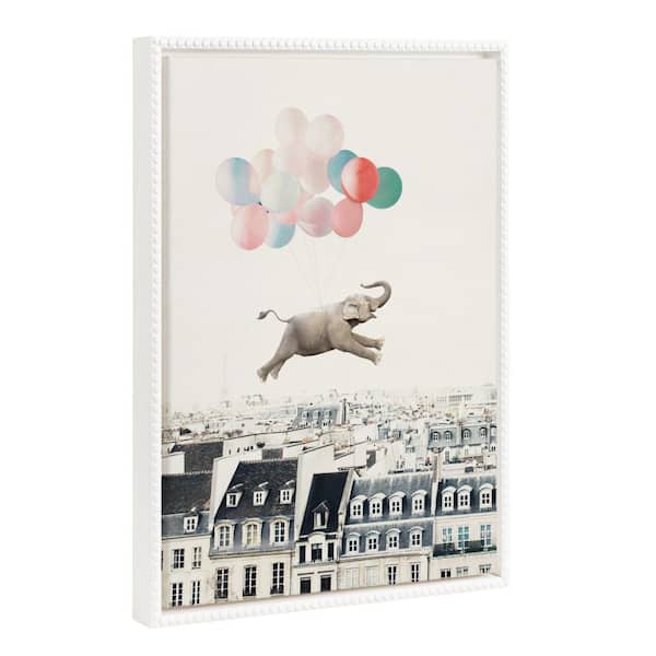 Kate and Laurel Sylvie Happy Elephant in Paris 1-Piece White Framed Canvas Art Print, 18.00 in. x 24.00 in.