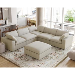 120.46 in. Square Arm 6-Piece Fabric Seperable L-shape Sectional Sofa with Ottoman in. Khaki