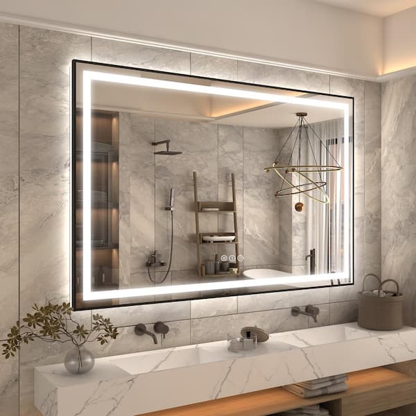 60 in. W x 40 in. H Rectangular Framed Front and Back LED Lighted Anti-Fog Wall Bathroom Vanity Mirror in Tempered Glass