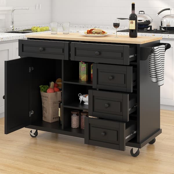 CESICIA Black Wood Base with Wood Top Rolling Kitchen Island (18.1-in x 52.8-in x 36.2-in)
