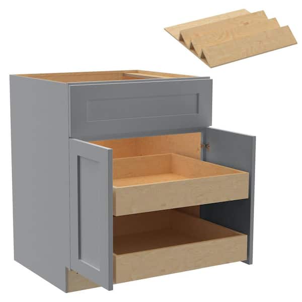 Home Decorators Collection Newport 27 in. W x 24 in. D x 34.5 in. H Assembled Plywood Base Kitchen Cabinet in Pearl Gray with 2ROT Spice Soft Close