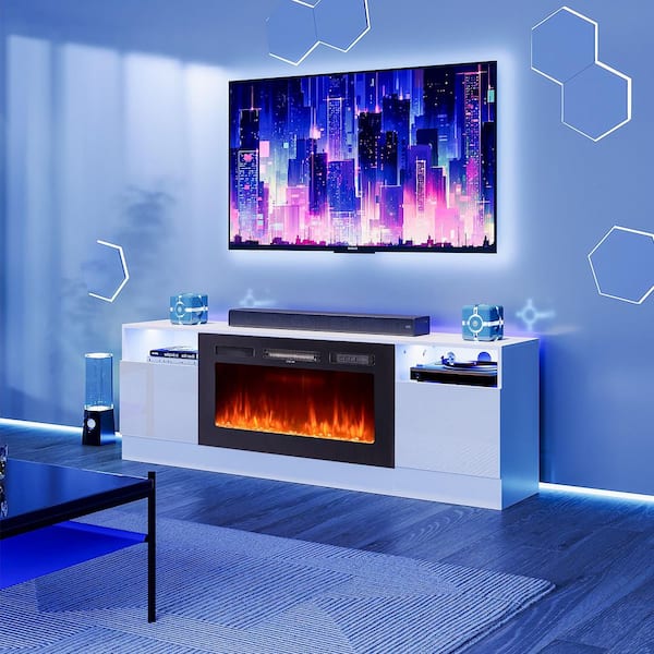 70 in. Freestanding Electric Fireplace TV Stand with Open Storage Shelves in White