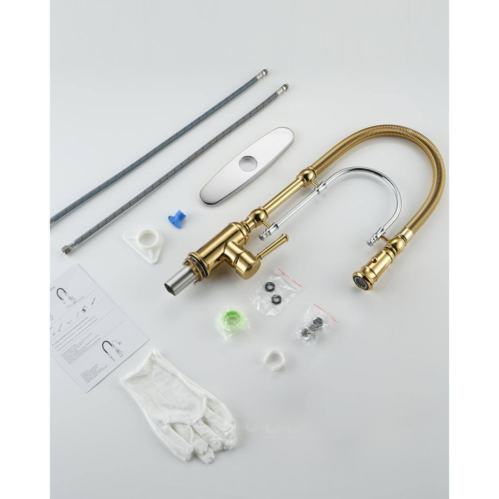 Gold and Chrome High-Arc Kitchen Faucet with Pull-Out Spray