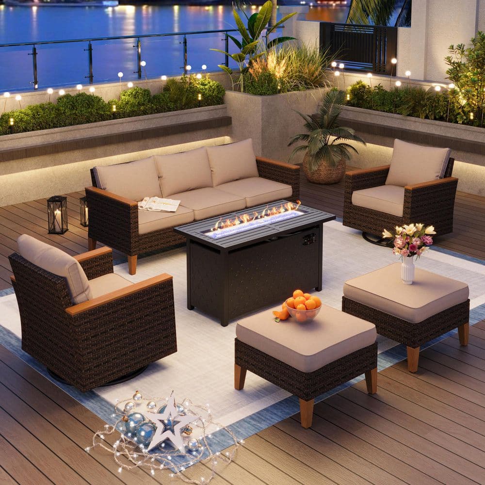 Brown Rattan Wicker 7-Seat 8-Piece Steel Outdoor Fire Pit Patio Set with Beige Cushions, 2 Swivel Sofas and 2 Ottomans price history on PriceWatchPro