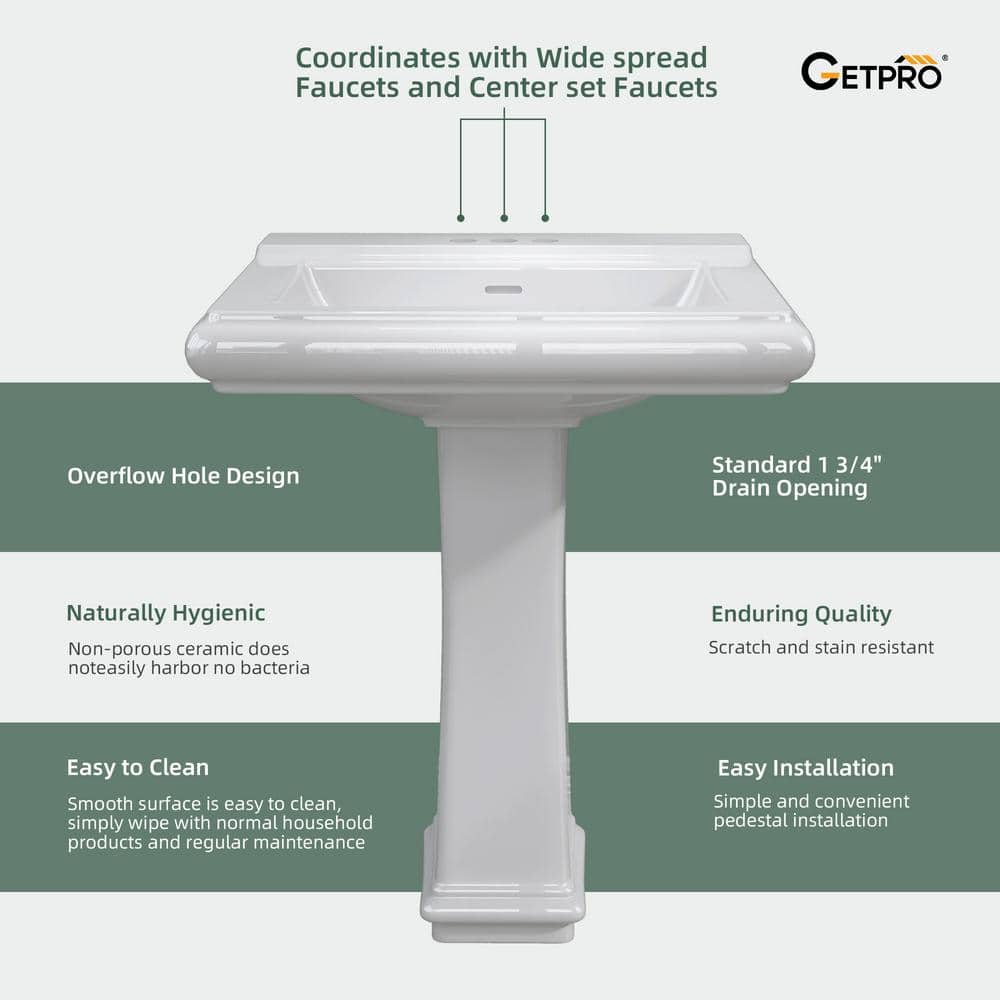 White Rectangular Ceramic Pedestal Sink with Overflow