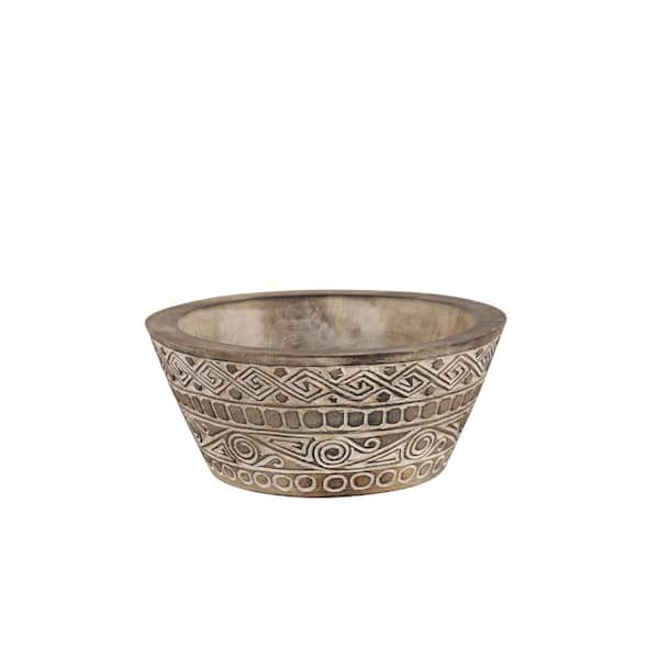 Litton Lane Large Round Decorative Hand-Carved Brown and White Wood Bowl with Tribal Design