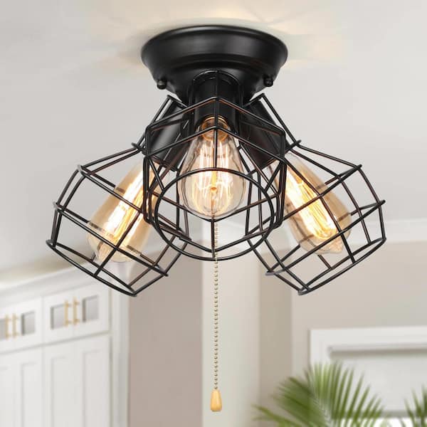 LNC Hine 3-Light Modern Industrial Black Open Cage Semi-Flush Mount Light Versatile Ceiling Light with Pull String