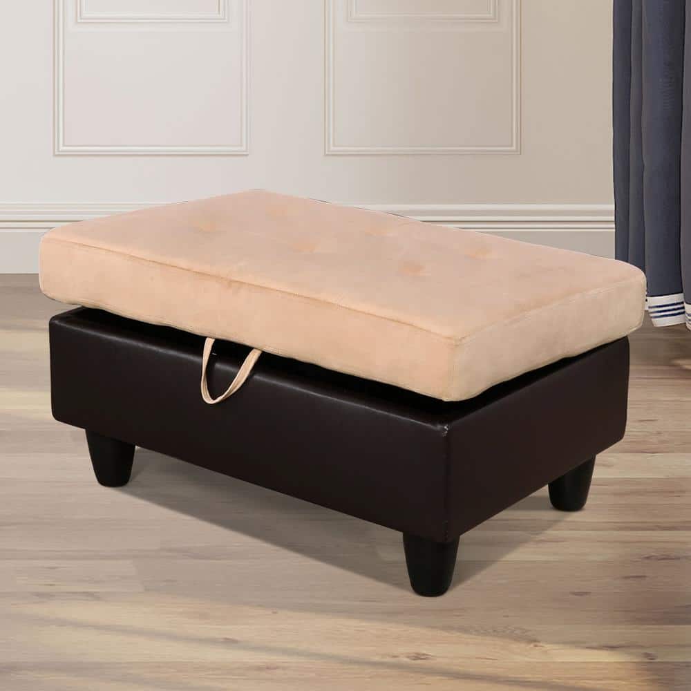 34 in. W Beige and Brown Cotton Rectangle Ottoman with Storage