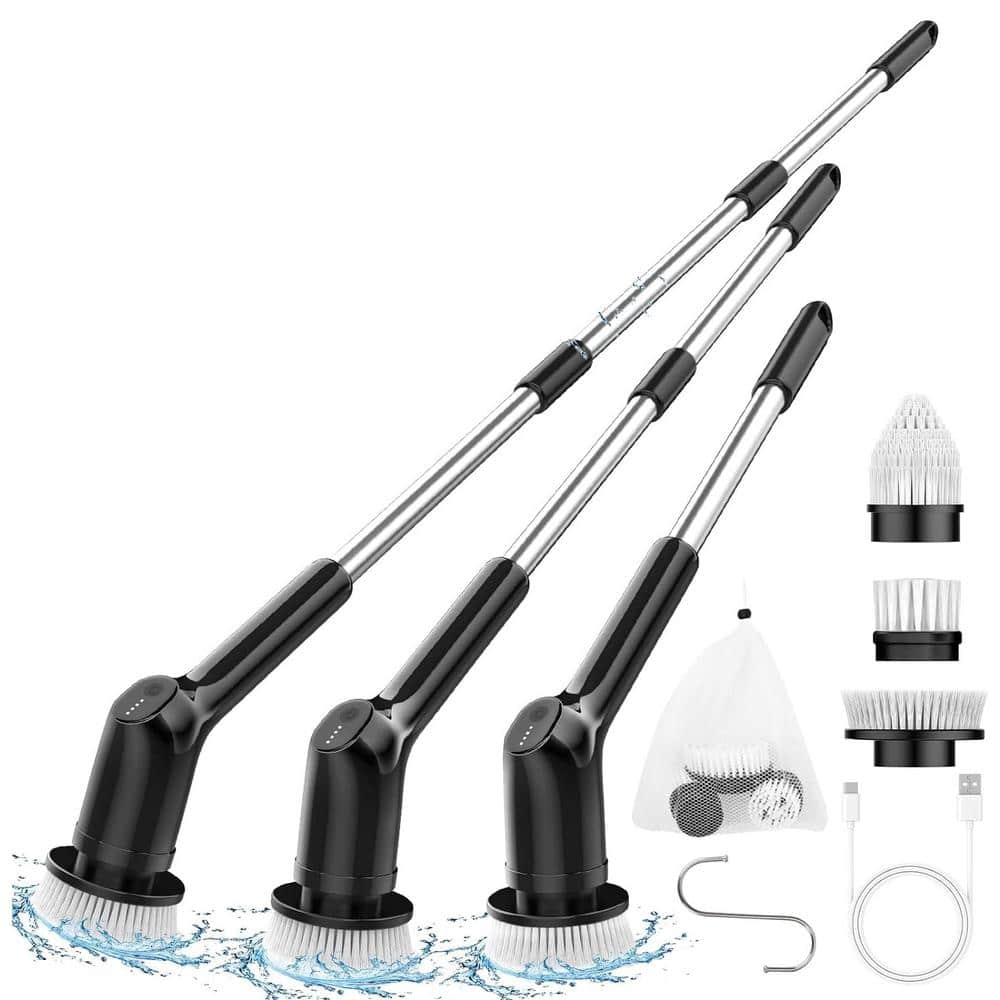 53.3 in. Scrub Brush Adjustable Handle Electric Spin Shower Scrubber with 2