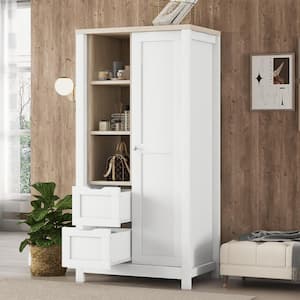 White Wood 31.4 in. Wardrobe Armoire with 3 Open Shelves, 2 Drawers and 2 Hanging Rails