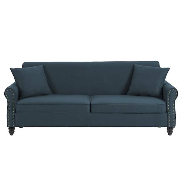 Uixe 73.35 in. Rolled Arm Linen Upholstered Rectangle 2-Seater Sofa in. Dark Blue with Wood Legs