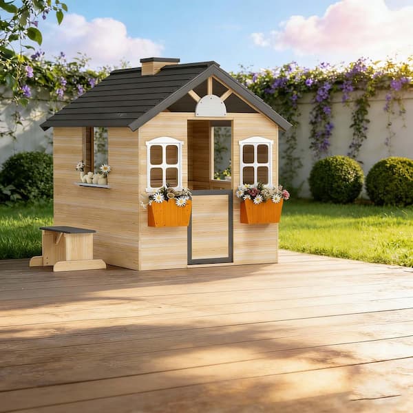 wood house for playing or 飾り物 Outdoor Gray Wood Playhouse Door with Windows, Flowerpot Holders