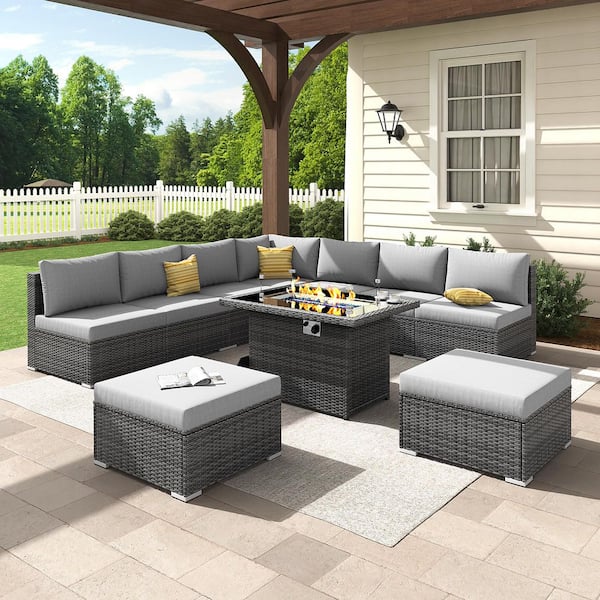 Modern 10-Piece Charcoal Wicker Patio Fire Pit Deep Sectional Seating Sofa Set with Light Grey Cushions and Ottomans