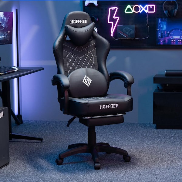 Faux Leather Bluetooth Speakers Ergonomic Gaming Chair in Black with Vibration Lumbar Pillow