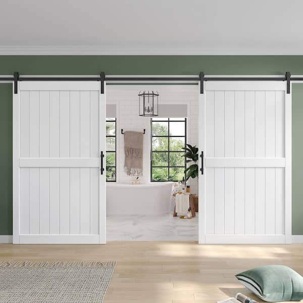 96 in. x 84 in. (Double 48 in doors) White Paneled H Shape Solid MDF Sliding Barn Door with Hardware Kit