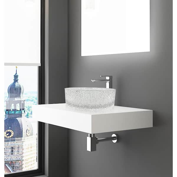 30 in. Wall Mounted Bathroom Countertop Shelf in White Solid Surface with Clear Round Glass Vessel Sink